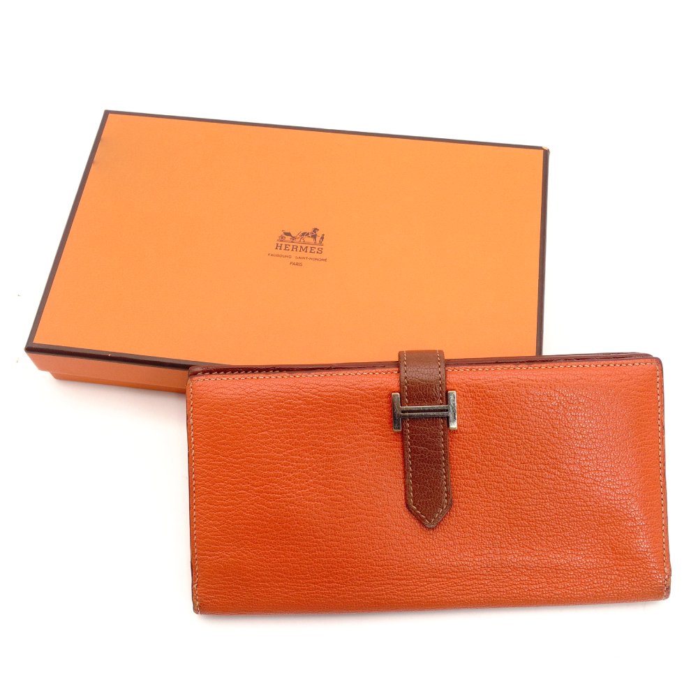 HERMES Béan Soufflé Orange × Brown Leather Silver Hardware Q Stamped Long Wallet Wallet 7-10-472