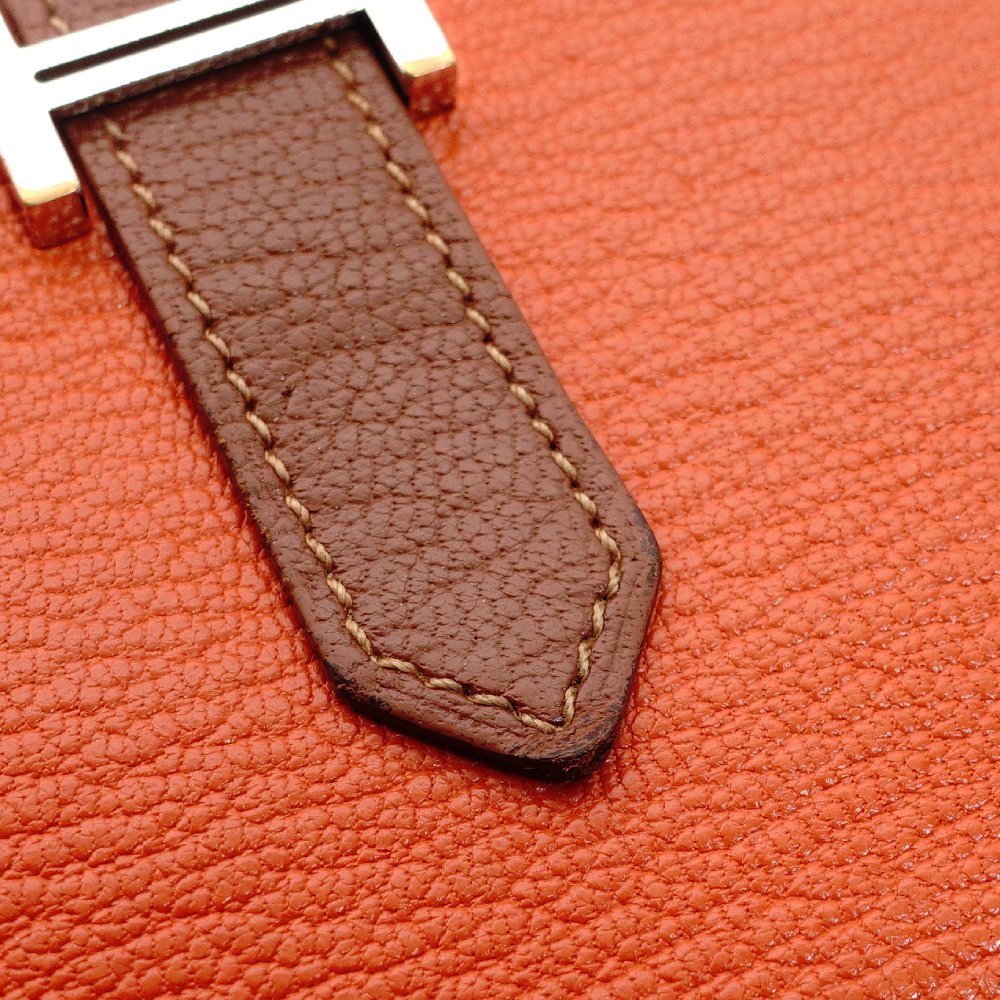 HERMES Béan Soufflé Orange × Brown Leather Silver Hardware Q Stamped Long Wallet Wallet 7-10-472