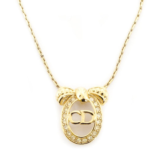 Christian Dior CD Logo Necklace Gold Ribbon Rhinestone 7-8-390