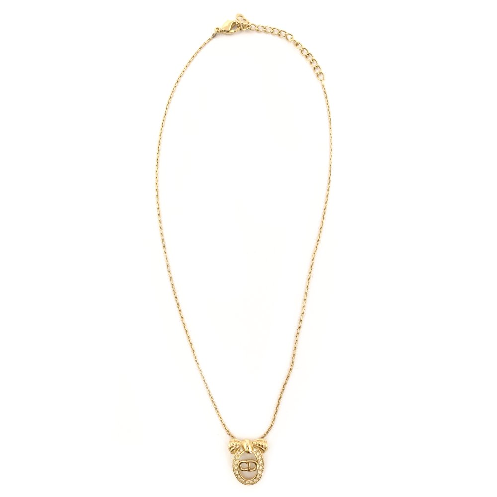 Christian Dior CD Logo Necklace Gold Ribbon Rhinestone 7-8-390