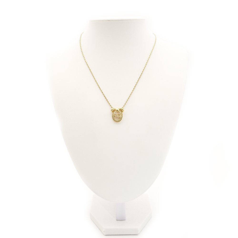 Christian Dior CD Logo Necklace Gold Ribbon Rhinestone 7-8-390