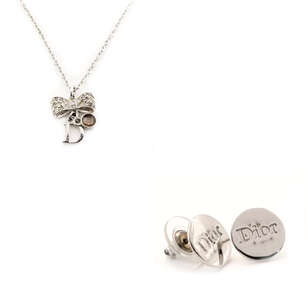 DIOR Earrings Necklace Set Silver Ribbon Rhinestone CD Logo 7-10-458