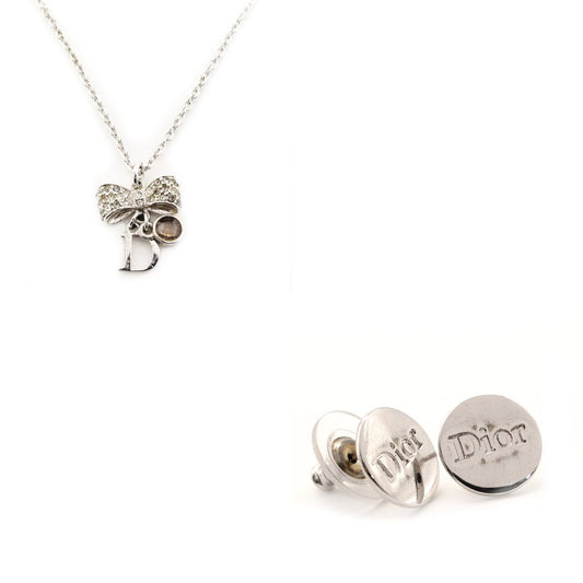 DIOR Earrings Necklace Set Silver Ribbon Rhinestone CD Logo 7-10-458