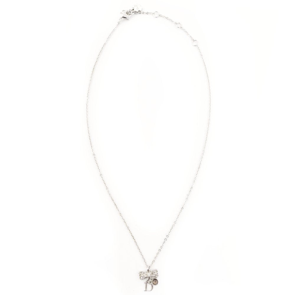 DIOR Earrings Necklace Set Silver Ribbon Rhinestone CD Logo 7-10-458