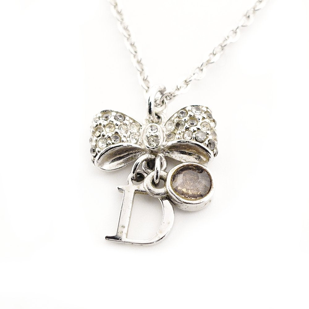 DIOR Earrings Necklace Set Silver Ribbon Rhinestone CD Logo 7-10-458