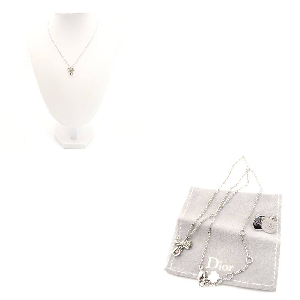 DIOR Earrings Necklace Set Silver Ribbon Rhinestone CD Logo 7-10-458