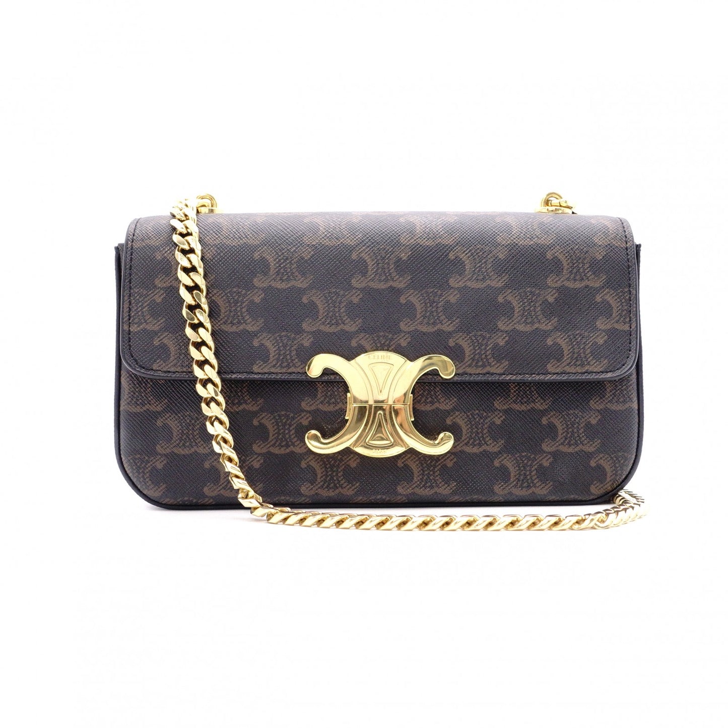 CELINE Claude Shoulder Bag, PVC, Brown, Logo, Gold Hardware