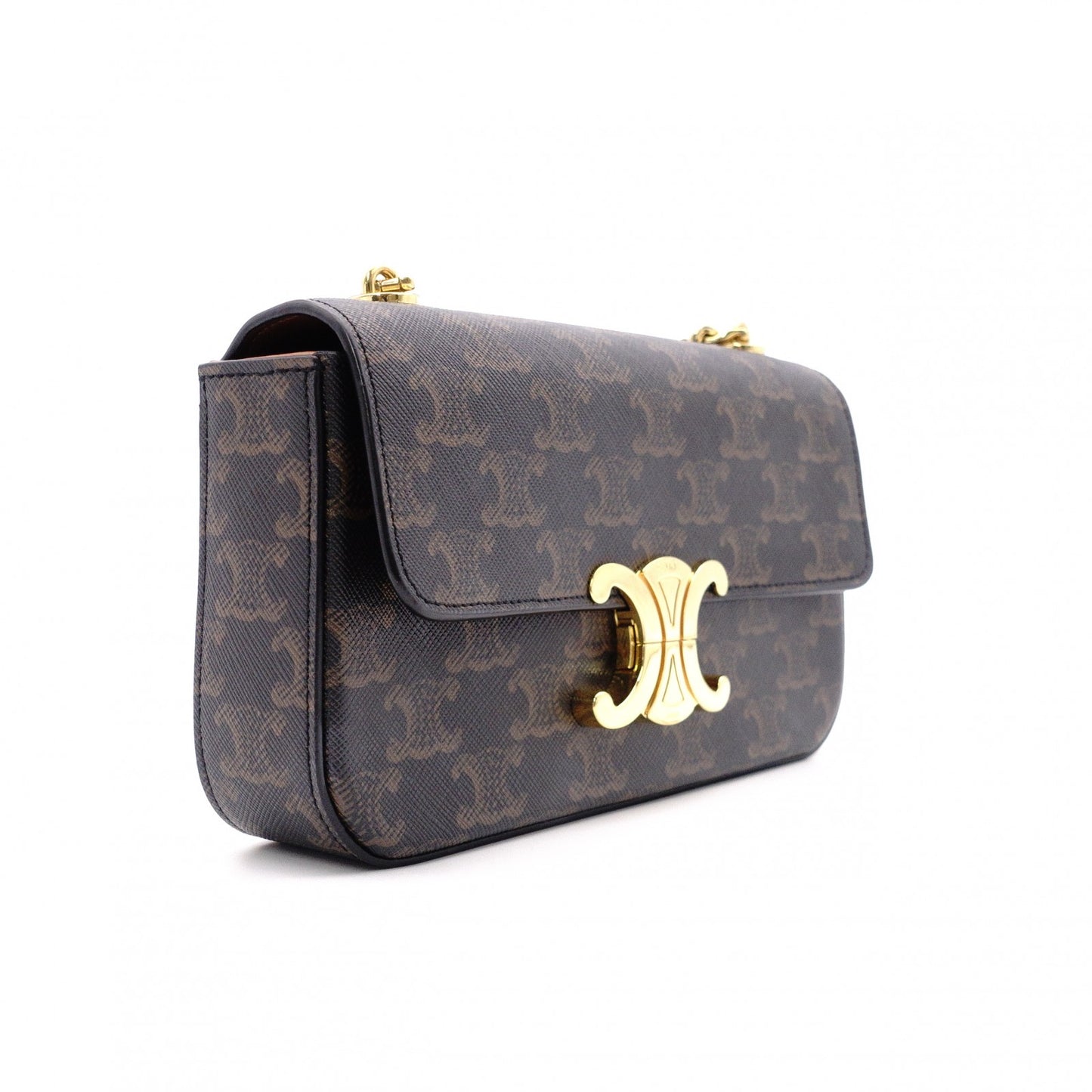 CELINE Claude Shoulder Bag, PVC, Brown, Logo, Gold Hardware