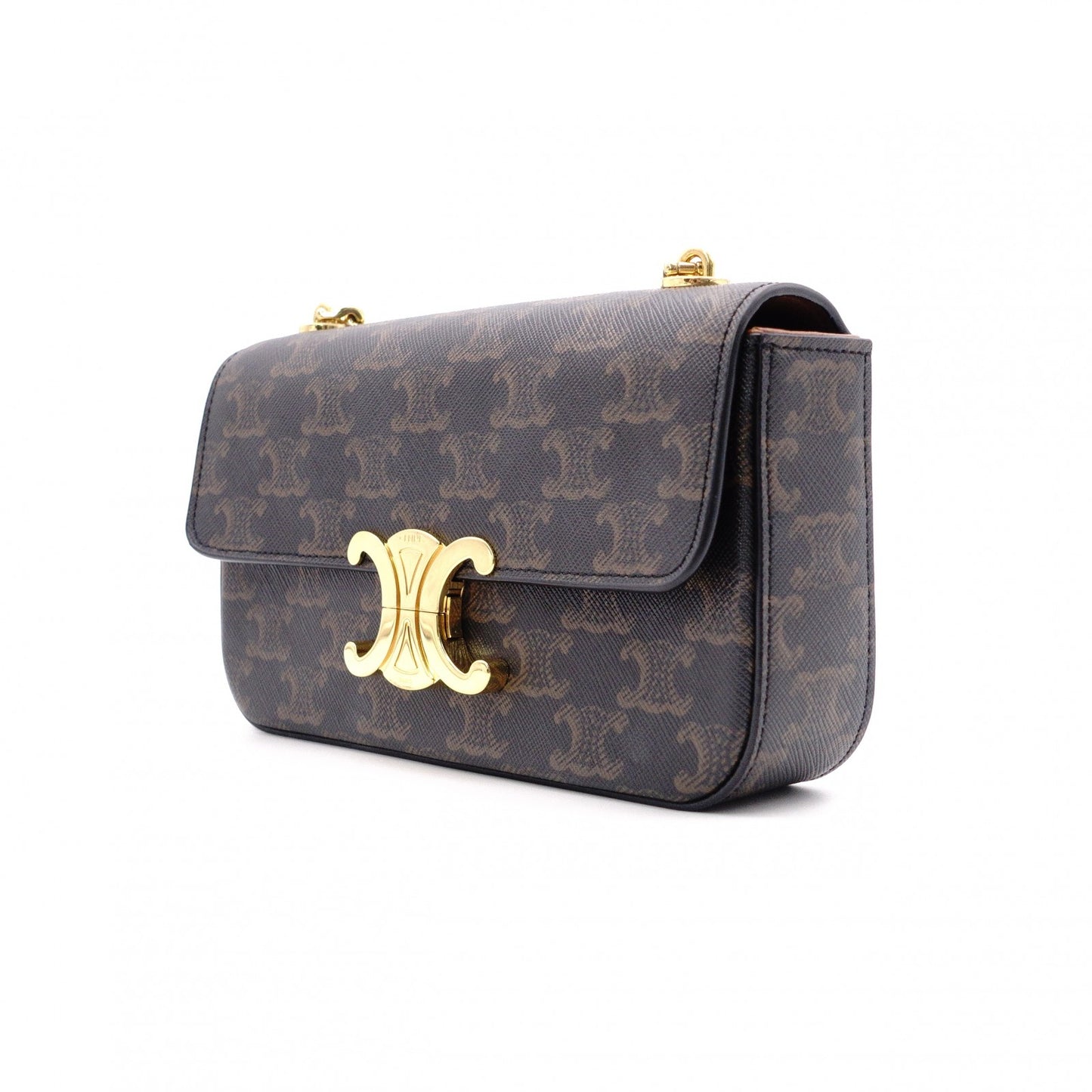 CELINE Claude Shoulder Bag, PVC, Brown, Logo, Gold Hardware