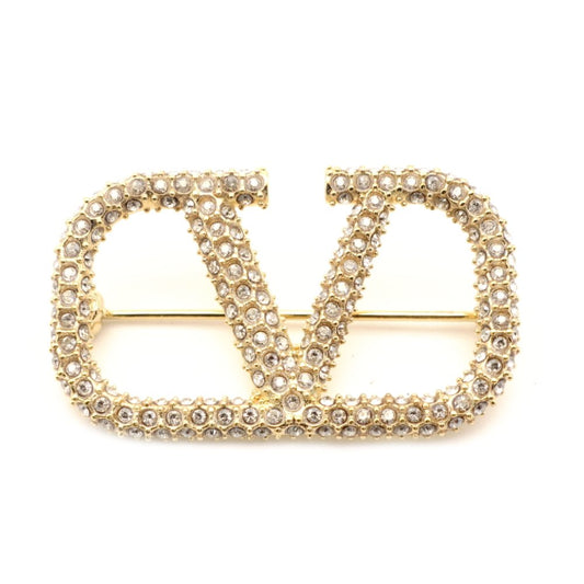 VALENTINO V Logo Signature Rhinestone Brooch Gold With Box 7-9-664