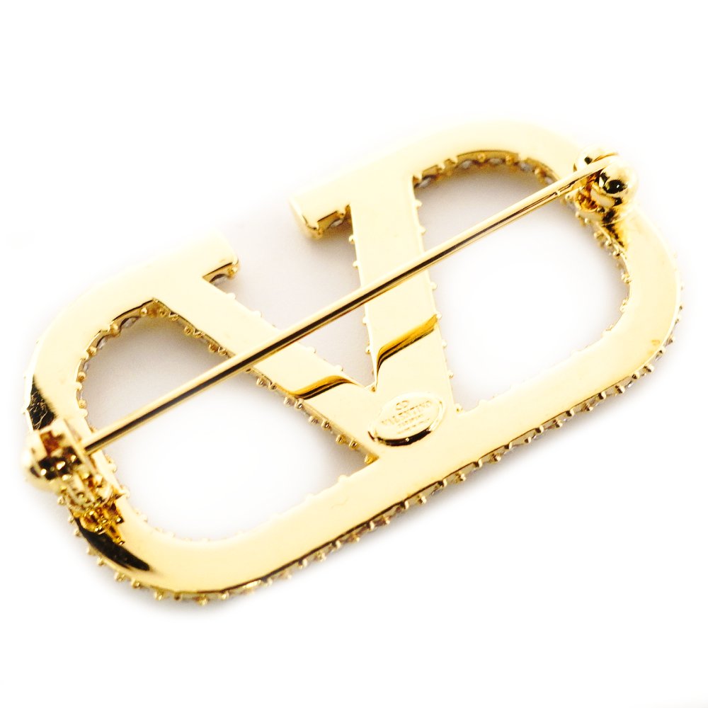 VALENTINO V Logo Signature Rhinestone Brooch Gold With Box 7-9-664