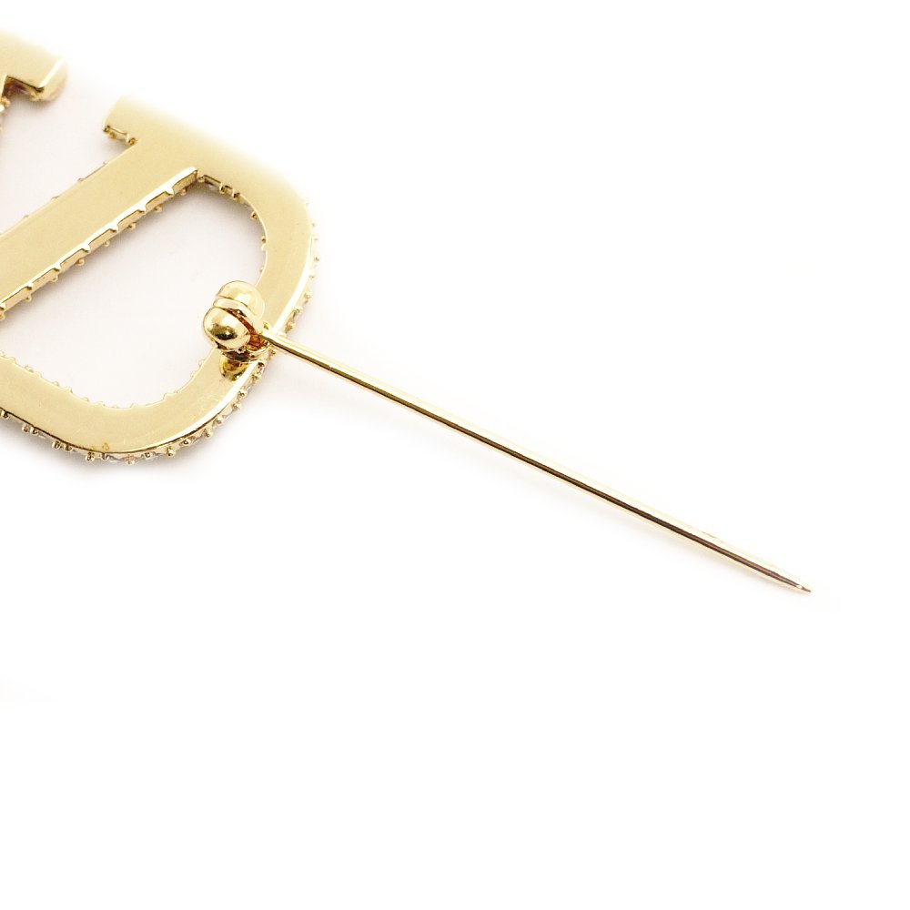 VALENTINO V Logo Signature Rhinestone Brooch Gold With Box 7-9-664