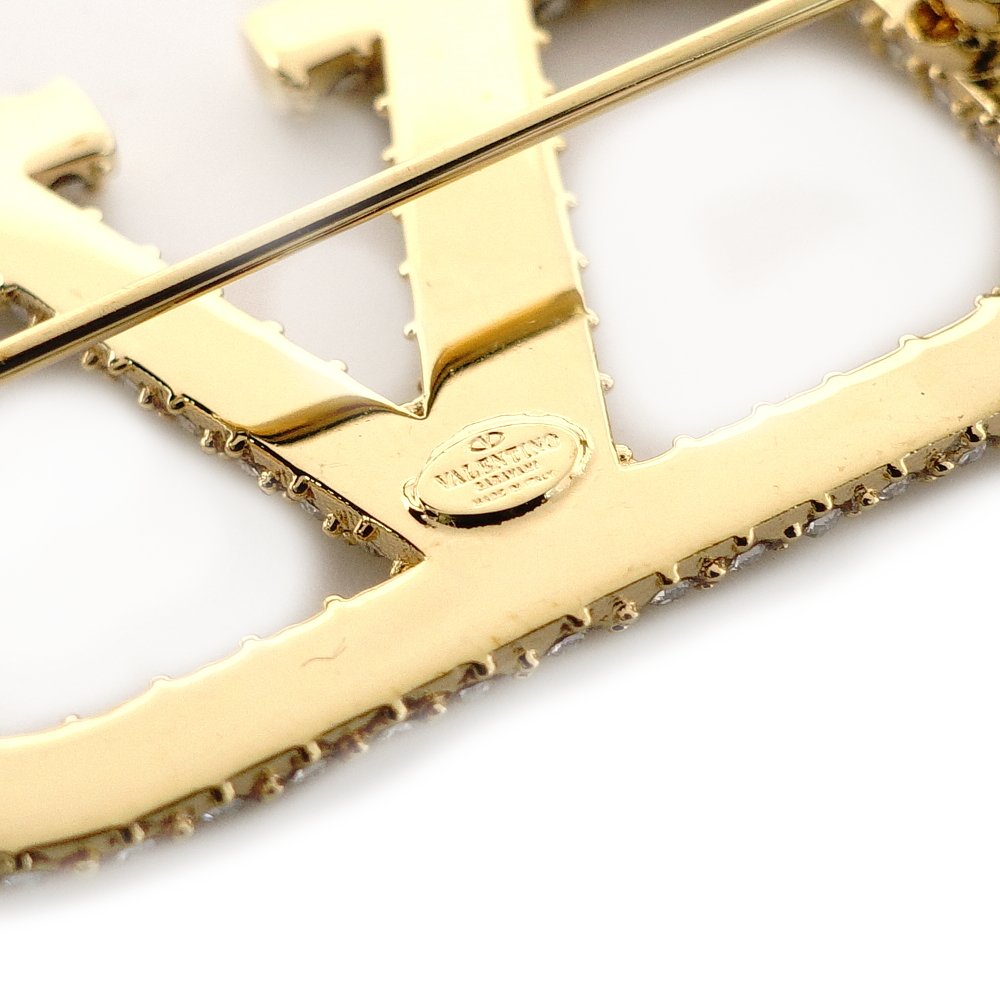 VALENTINO V Logo Signature Rhinestone Brooch Gold With Box 7-9-664