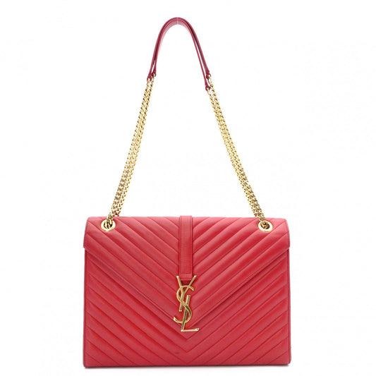 SAINT LAURENT Envelope Chevron Shoulder Bag, Leather, Red, Gold Hardware