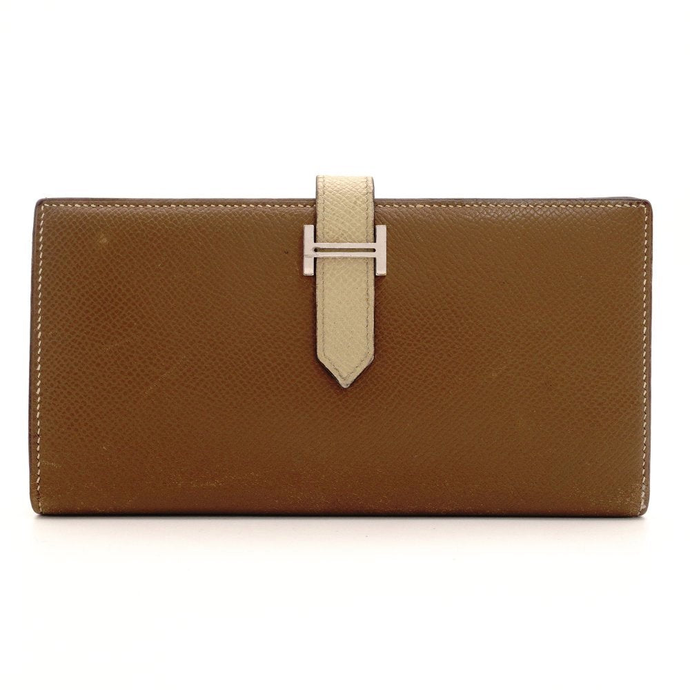 HERMES Béan Soufflé Beige × Brown Leather Silver Hardware □A Stamped Long Wallet Wallet 7-10-581