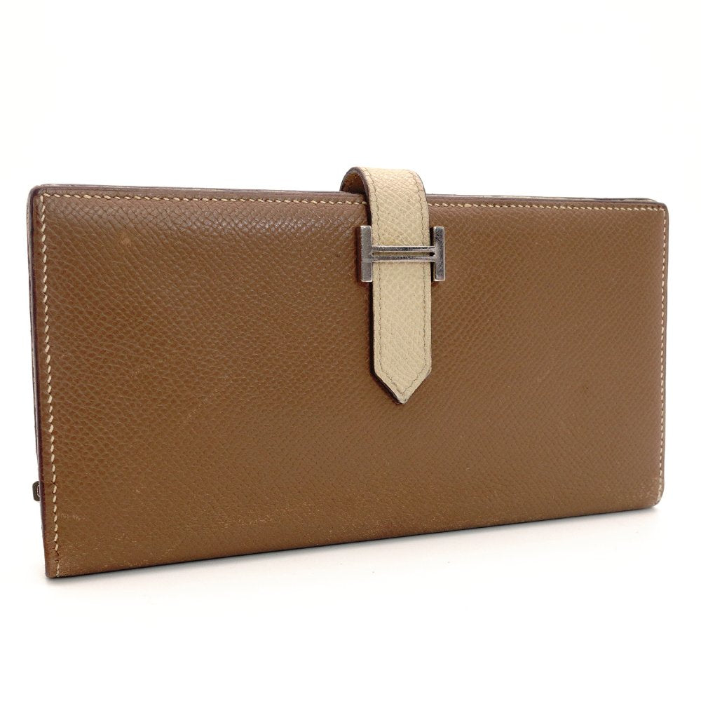 HERMES Béan Soufflé Beige × Brown Leather Silver Hardware □A Stamped Long Wallet Wallet 7-10-581