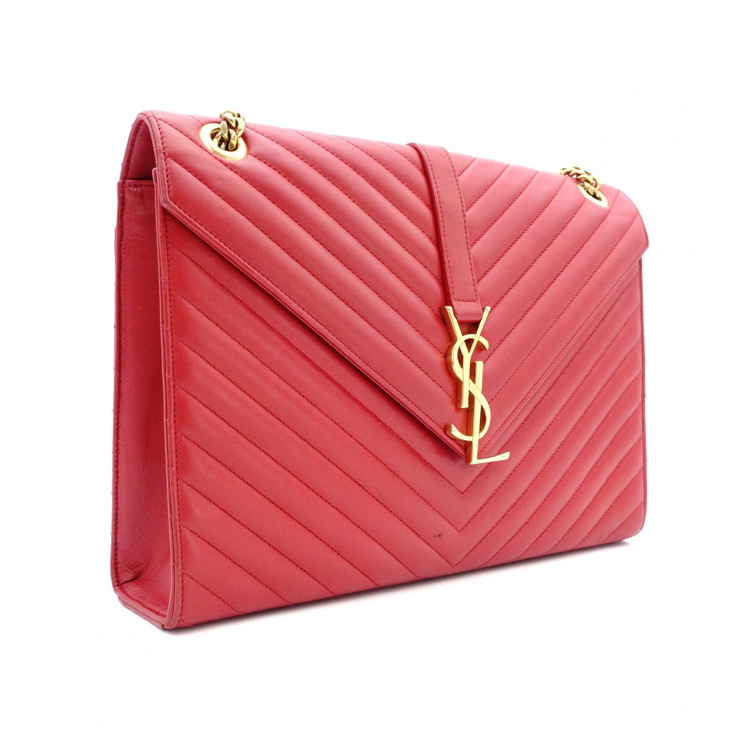 SAINT LAURENT Envelope Chevron Shoulder Bag, Leather, Red, Gold Hardware
