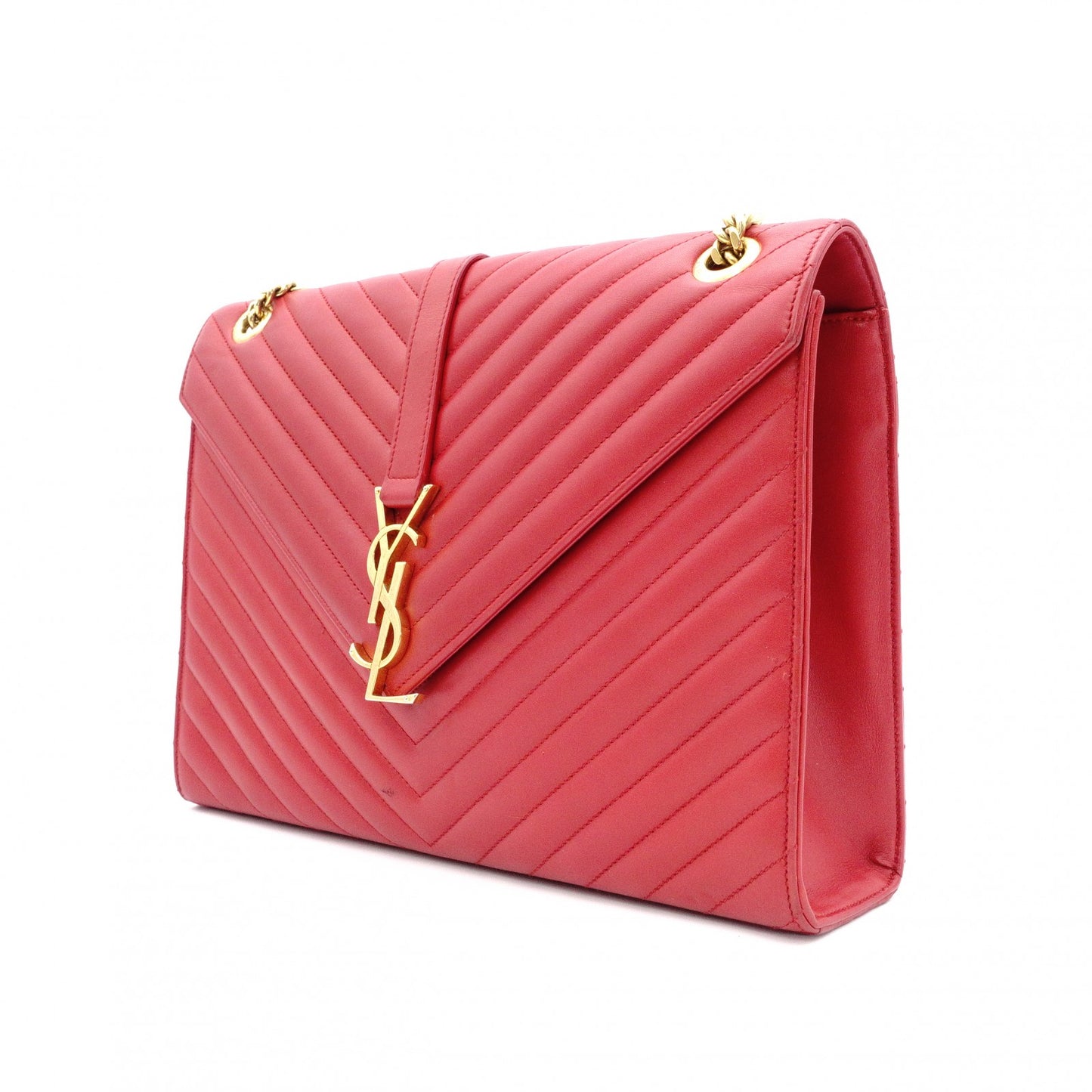 SAINT LAURENT Envelope Chevron Shoulder Bag, Leather, Red, Gold Hardware