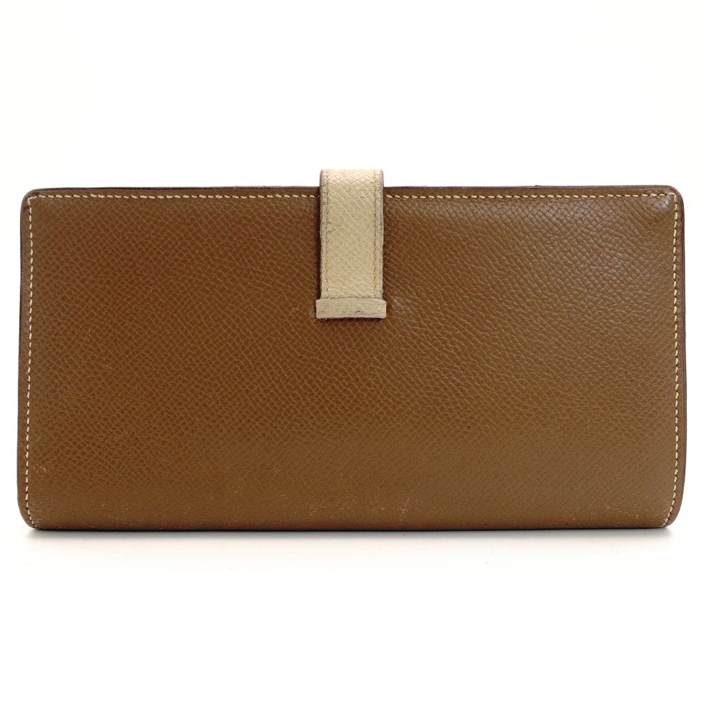 HERMES Béan Soufflé Beige × Brown Leather Silver Hardware □A Stamped Long Wallet Wallet 7-10-581