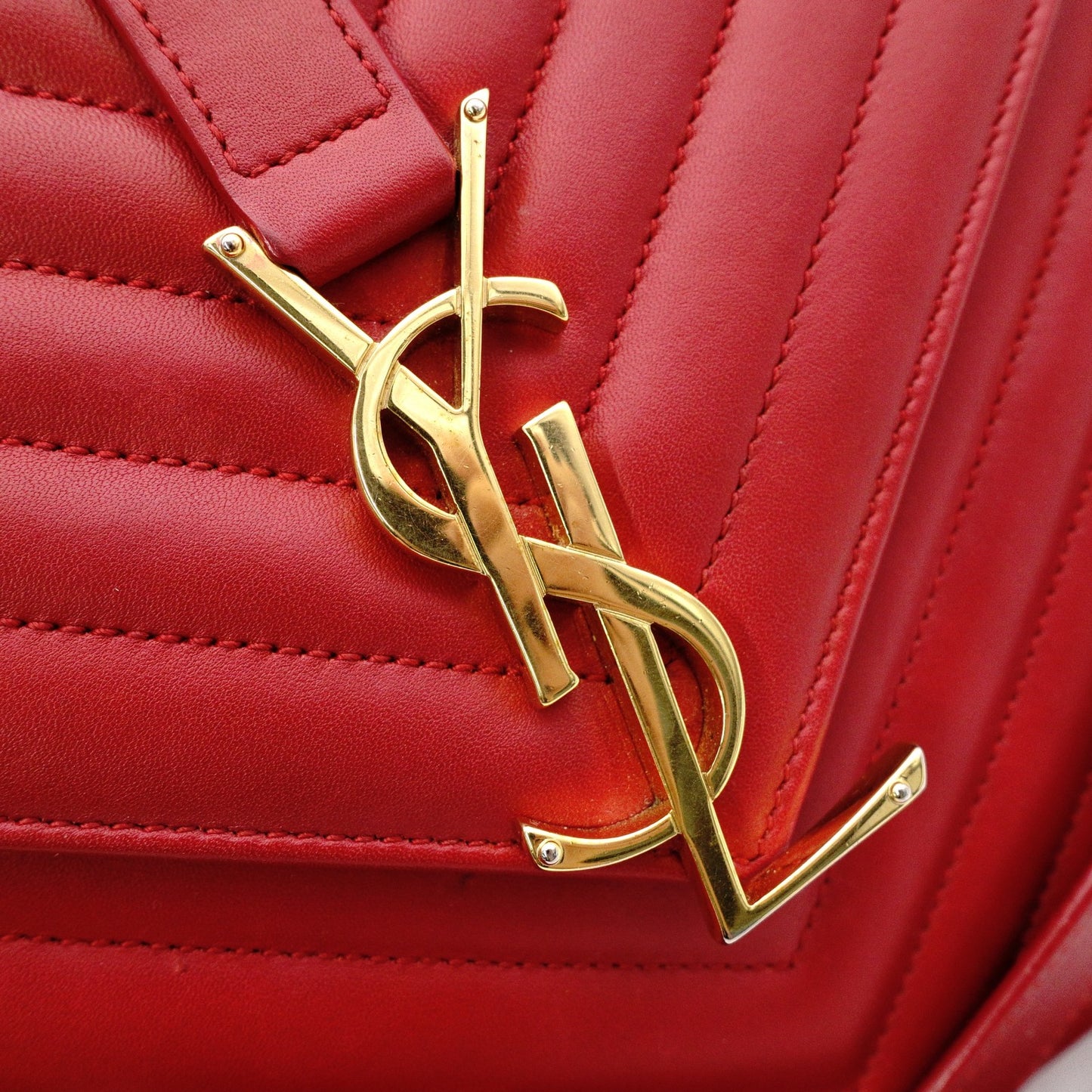 SAINT LAURENT Envelope Chevron Shoulder Bag, Leather, Red, Gold Hardware