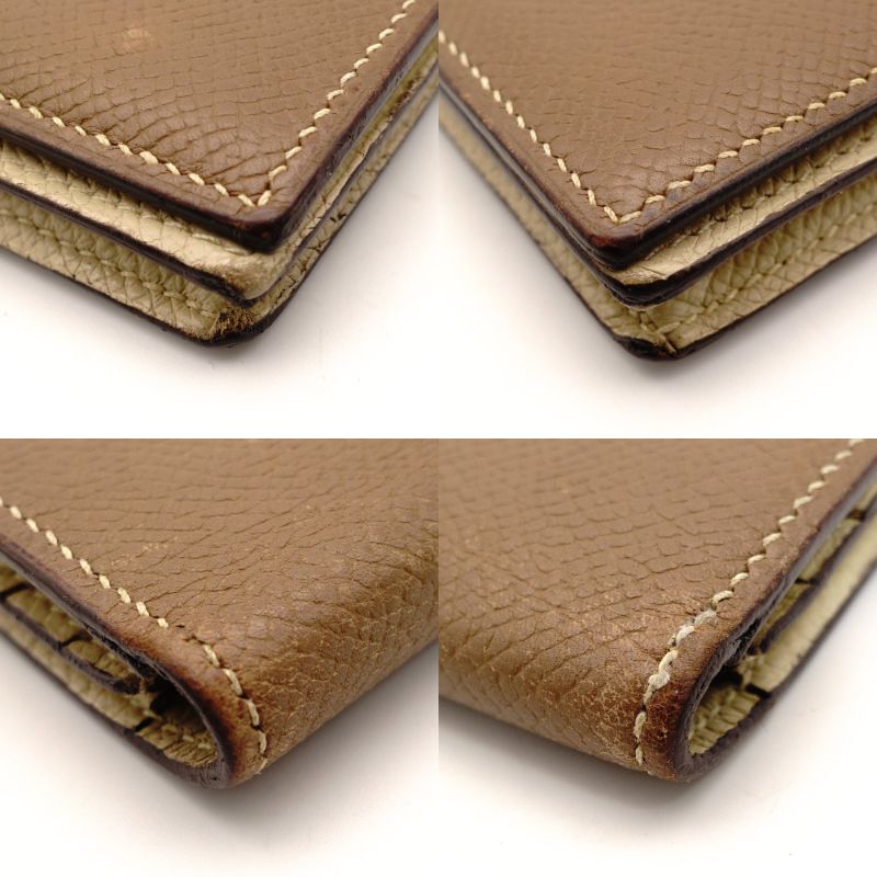 HERMES Béan Soufflé Beige × Brown Leather Silver Hardware □A Stamped Long Wallet Wallet 7-10-581