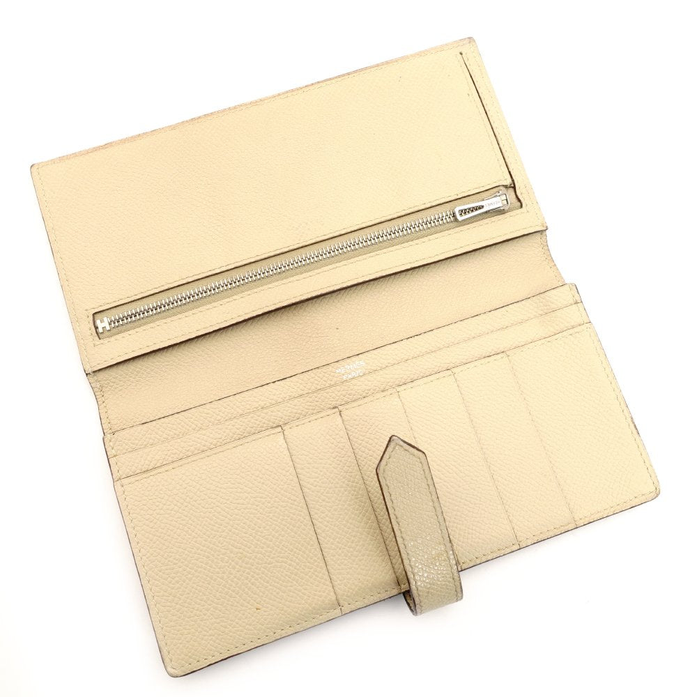 HERMES Béan Soufflé Beige × Brown Leather Silver Hardware □A Stamped Long Wallet Wallet 7-10-581
