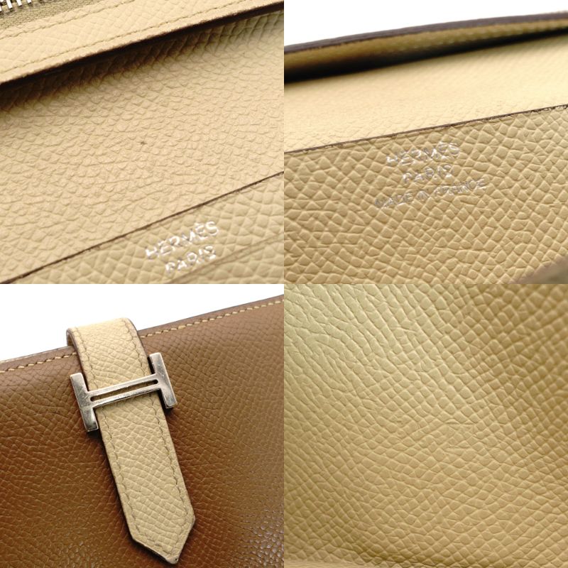 HERMES Béan Soufflé Beige × Brown Leather Silver Hardware □A Stamped Long Wallet Wallet 7-10-581