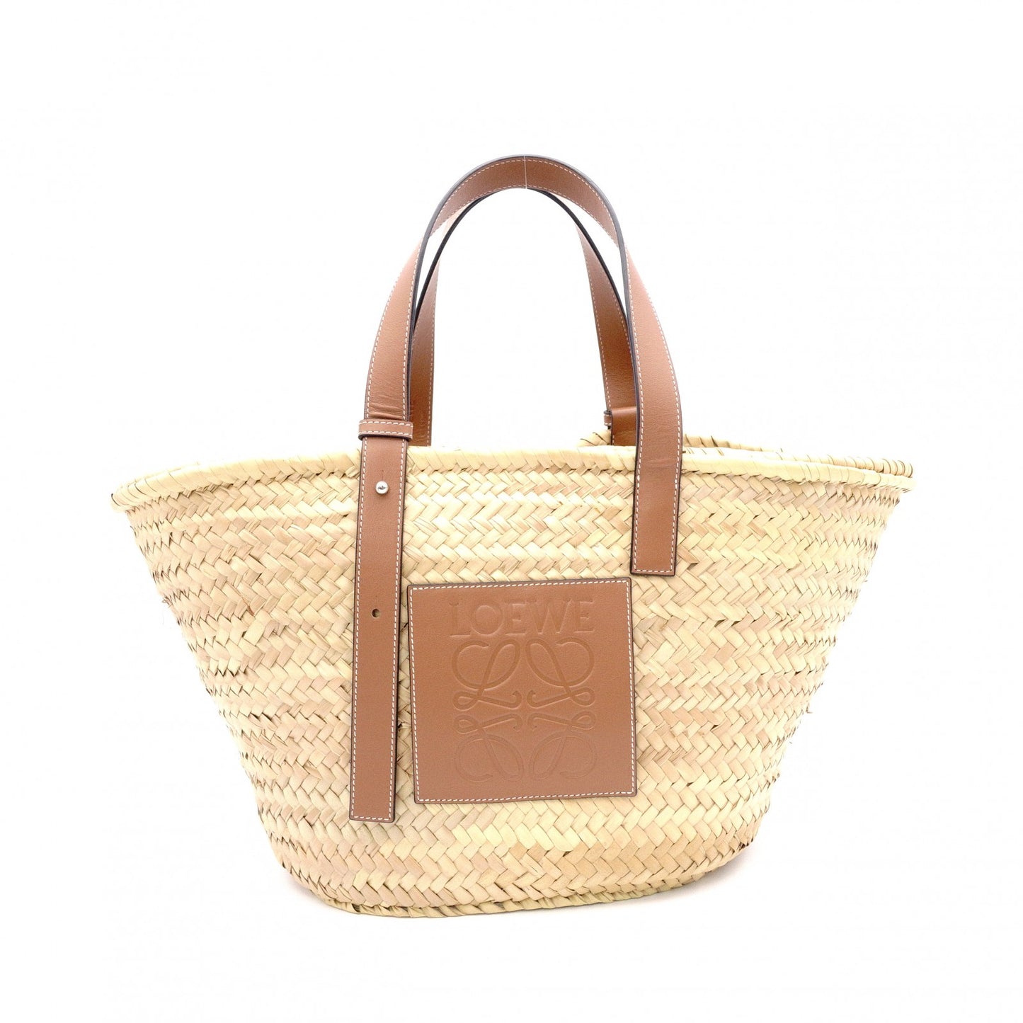 LOEWE Large Basket Handbag, Raffia/Leather, Beige, Woven Bag