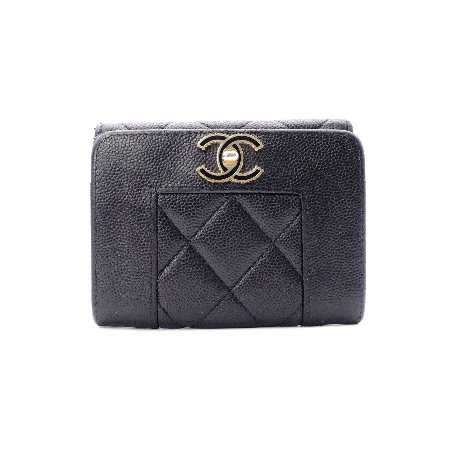 CHANEL Caviar Skin Mademoiselle Tri-fold Wallet, Leather, Black, Gold Hardware, CC Logo