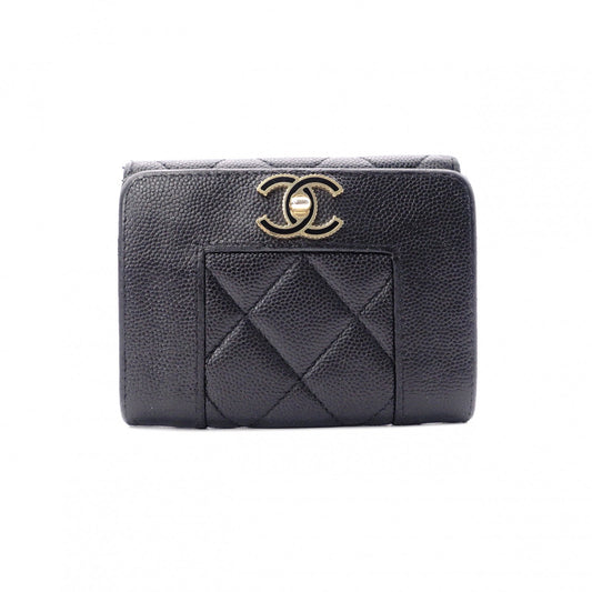 CHANEL Caviar Skin Mademoiselle Tri-fold Wallet, Leather, Black, Gold Hardware, CC Logo
