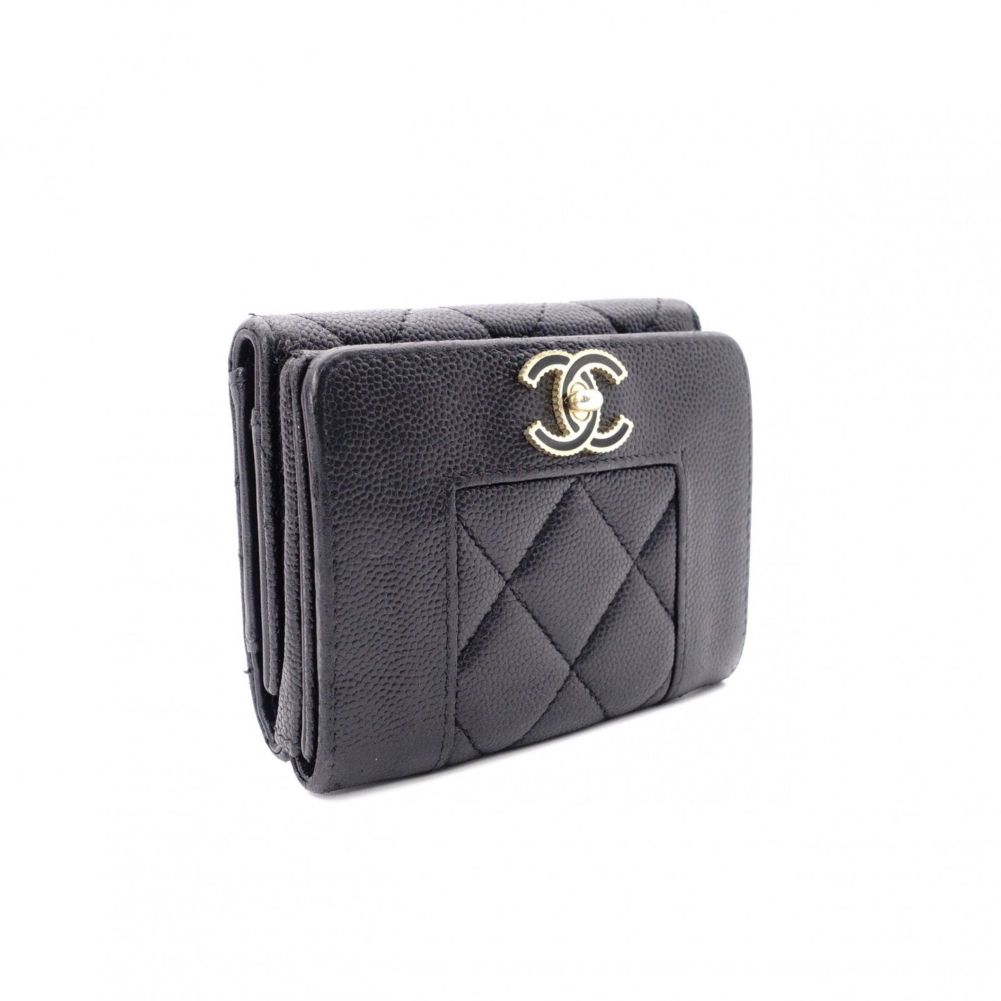 CHANEL Caviar Skin Mademoiselle Tri-fold Wallet, Leather, Black, Gold Hardware, CC Logo