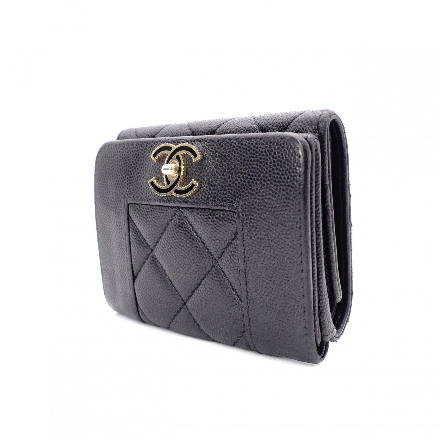 CHANEL Caviar Skin Mademoiselle Tri-fold Wallet, Leather, Black, Gold Hardware, CC Logo