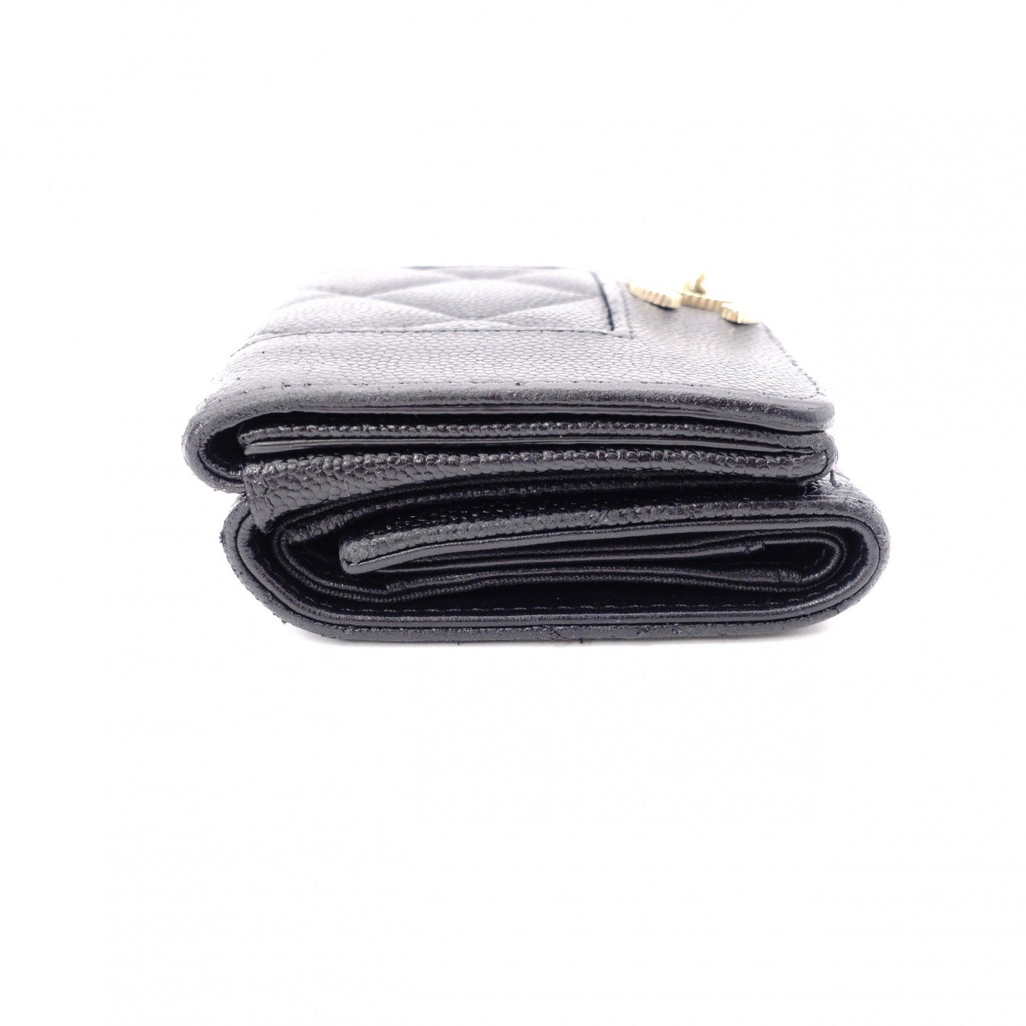 CHANEL Caviar Skin Mademoiselle Tri-fold Wallet, Leather, Black, Gold Hardware, CC Logo