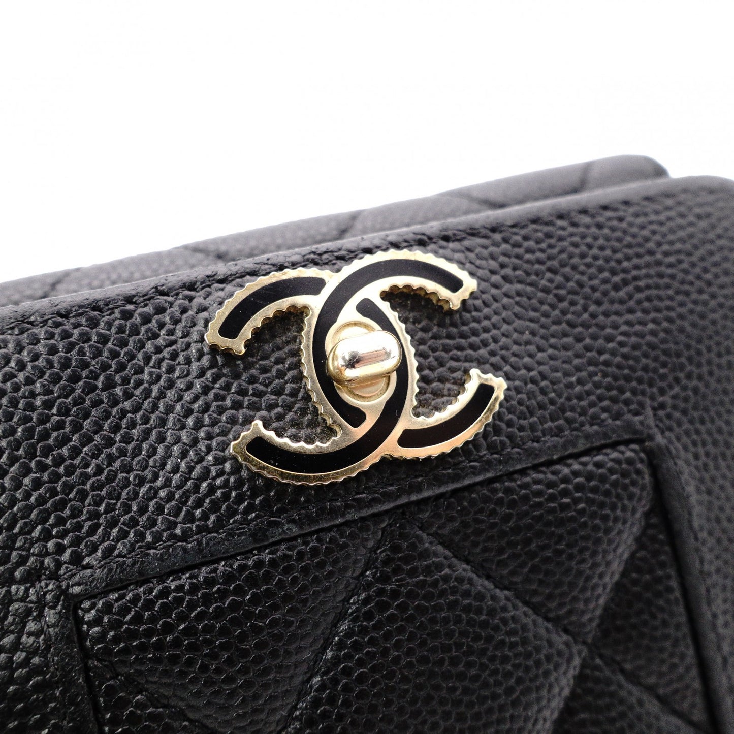 CHANEL Caviar Skin Mademoiselle Tri-fold Wallet, Leather, Black, Gold Hardware, CC Logo