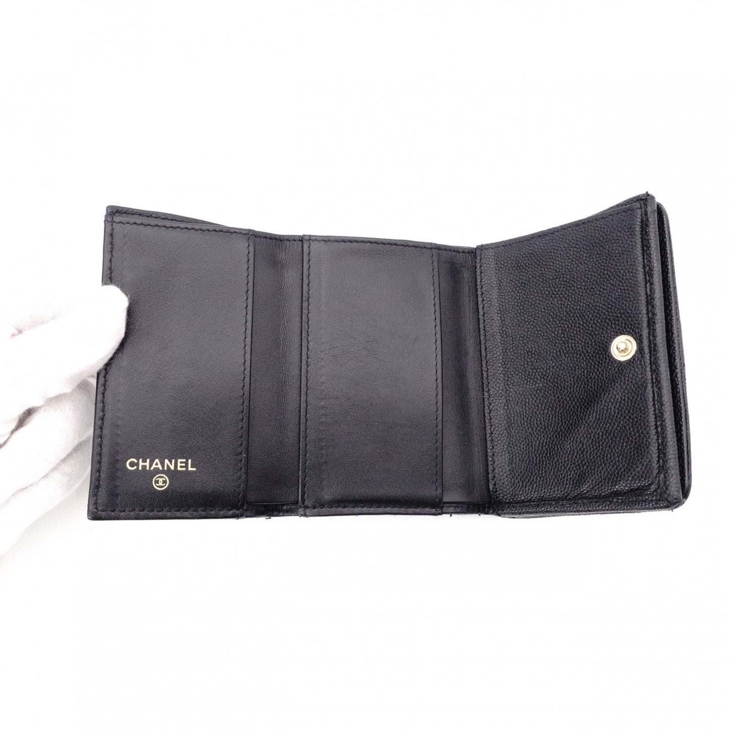 CHANEL Caviar Skin Mademoiselle Tri-fold Wallet, Leather, Black, Gold Hardware, CC Logo