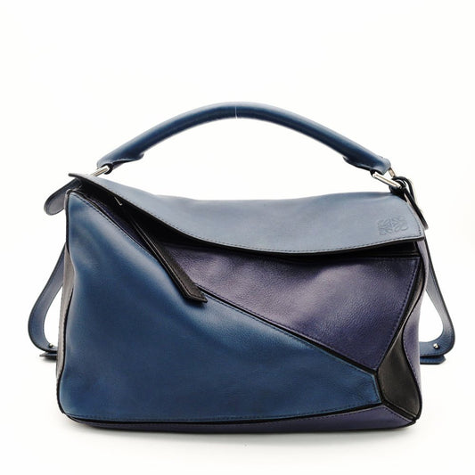 LOEWE Puzzle Bag Medium Handbag Leather Blue × Purple × Black 2-Way Shoulder 7-10-272