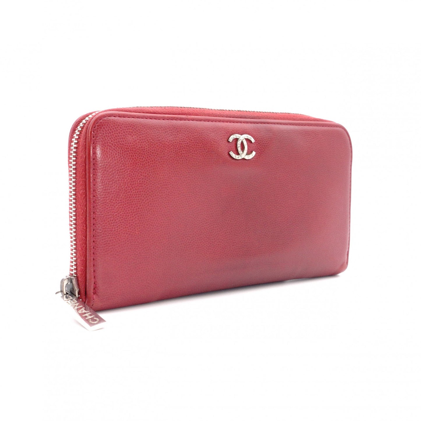 CHANEL Coco Logo Long Wallet, Leather, Red, Silver Hardware, CC Logo