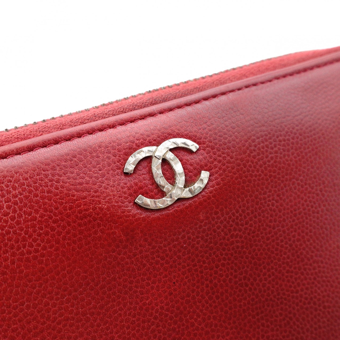 CHANEL Coco Logo Long Wallet, Leather, Red, Silver Hardware, CC Logo
