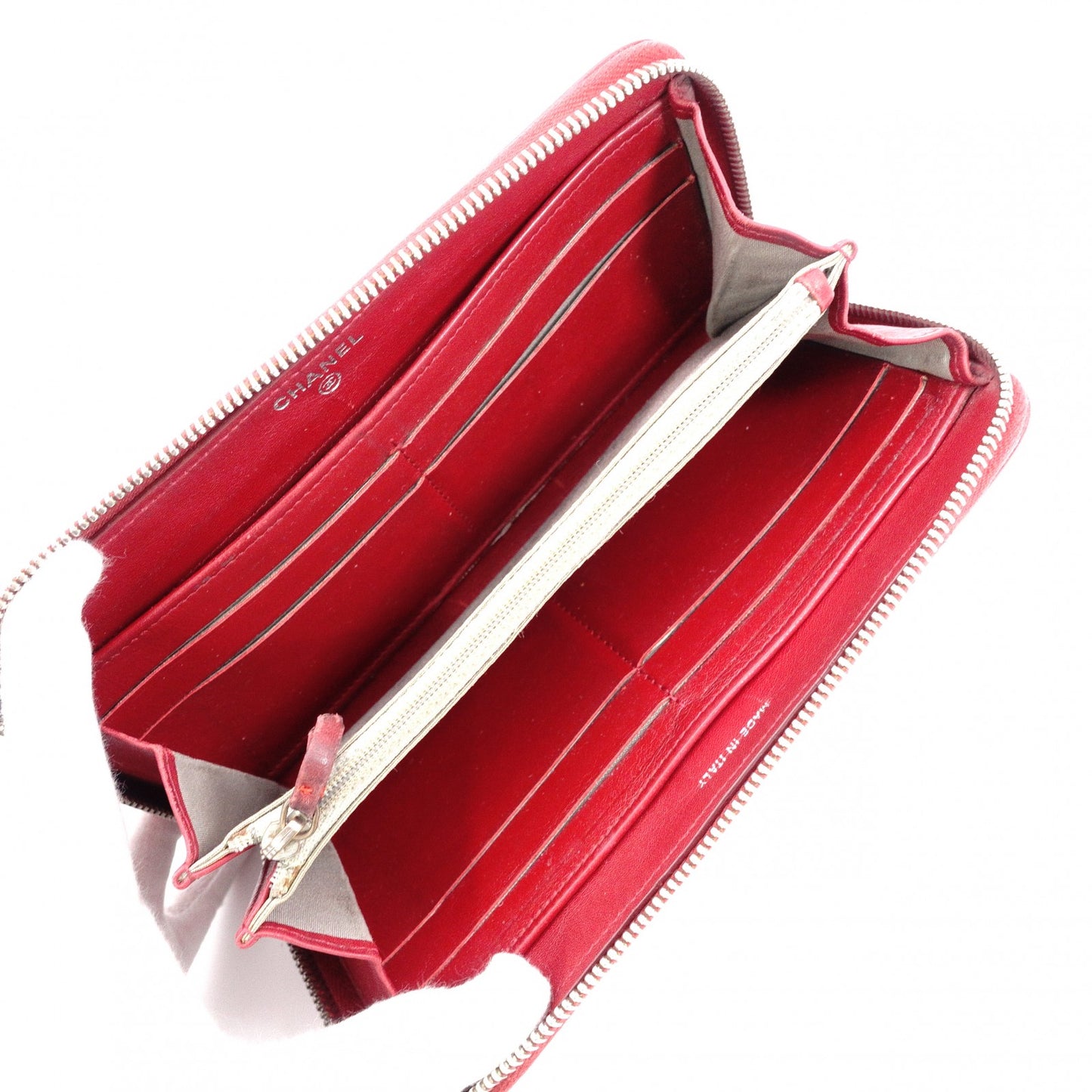 CHANEL Coco Logo Long Wallet, Leather, Red, Silver Hardware, CC Logo