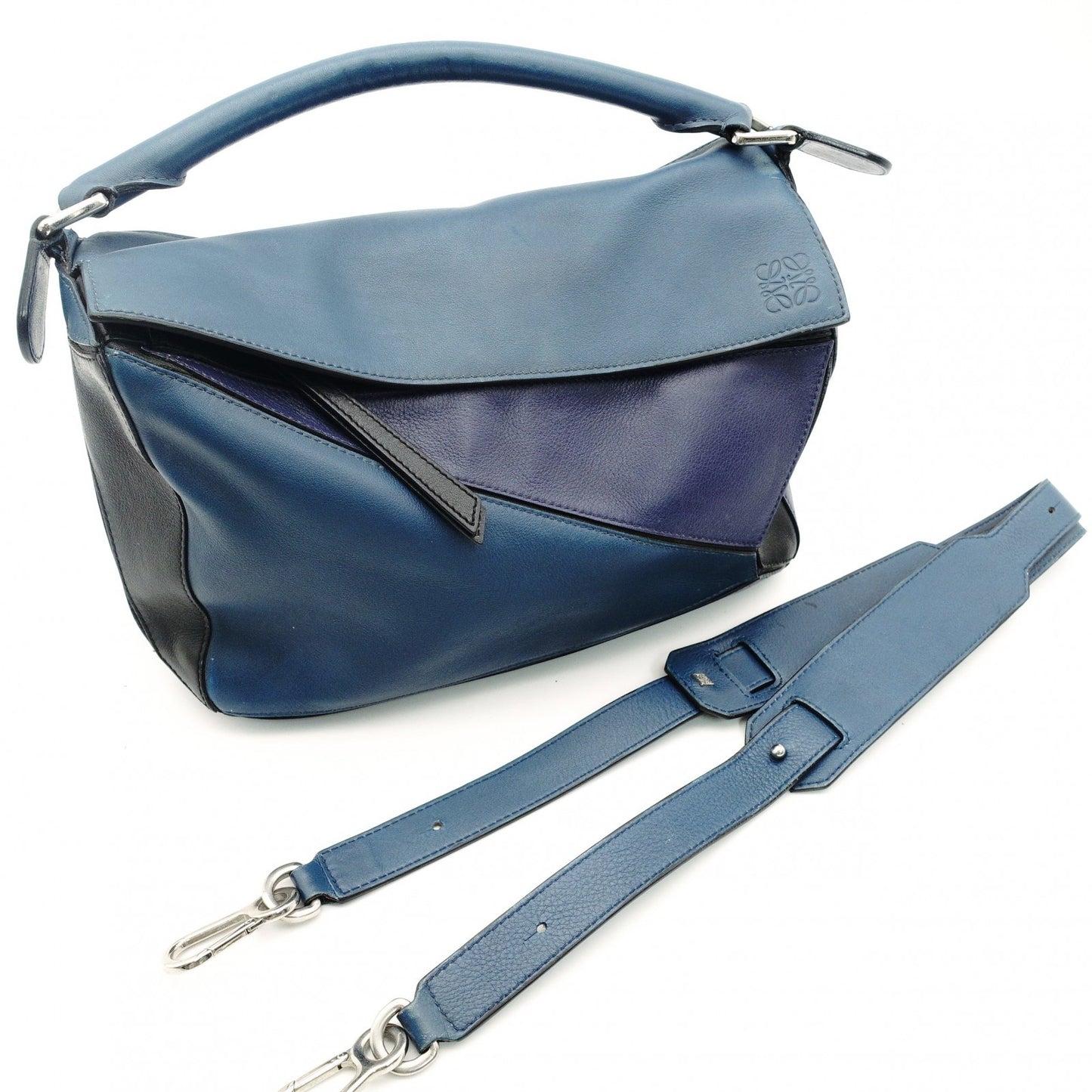 LOEWE Puzzle Bag Medium Handbag Leather Blue × Purple × Black 2-Way Shoulder 7-10-272