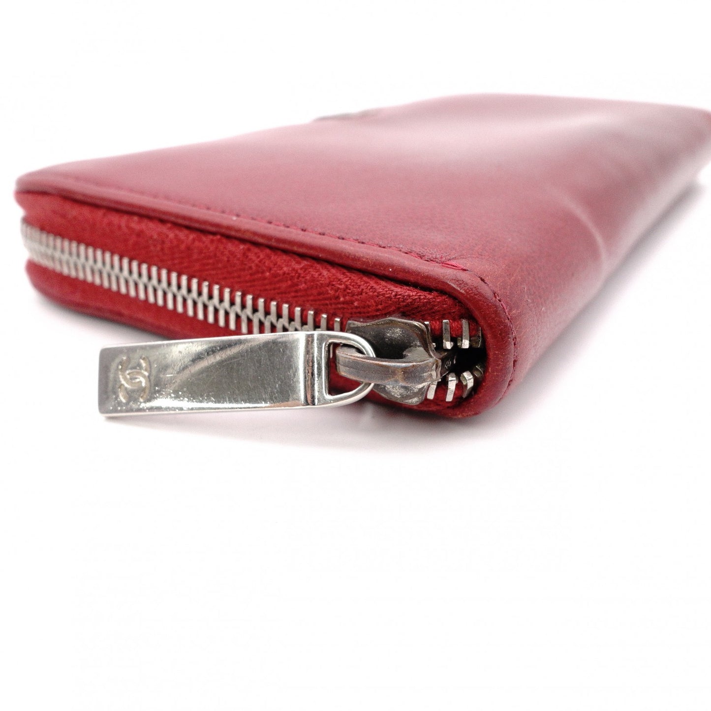 CHANEL Coco Logo Long Wallet, Leather, Red, Silver Hardware, CC Logo