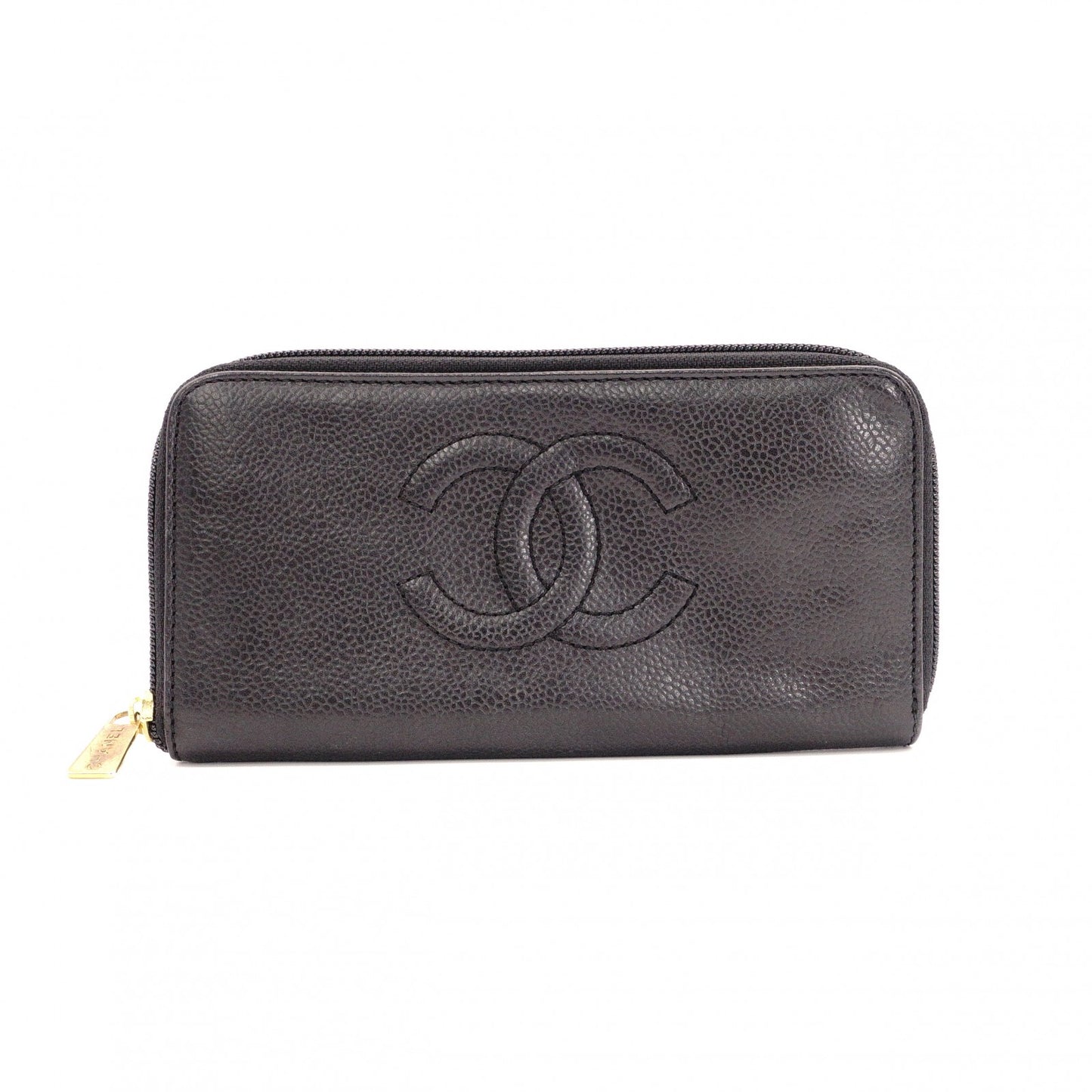 CHANEL Caviar Skin Coco Logo Long Wallet, Leather, Black, CC Logo