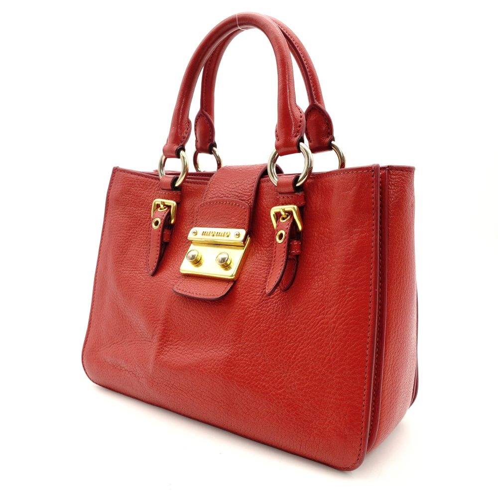 MIU MIU Madras Satchel Handbag Red Leather 2-Way Gold Hardware Shoulder 7-9-633