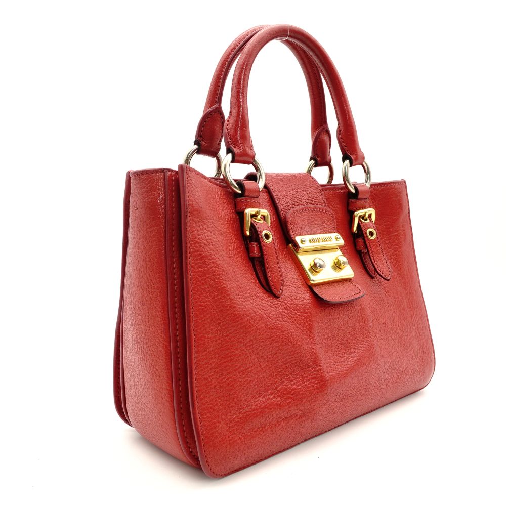 MIU MIU Madras Satchel Handbag Red Leather 2-Way Gold Hardware Shoulder 7-9-633