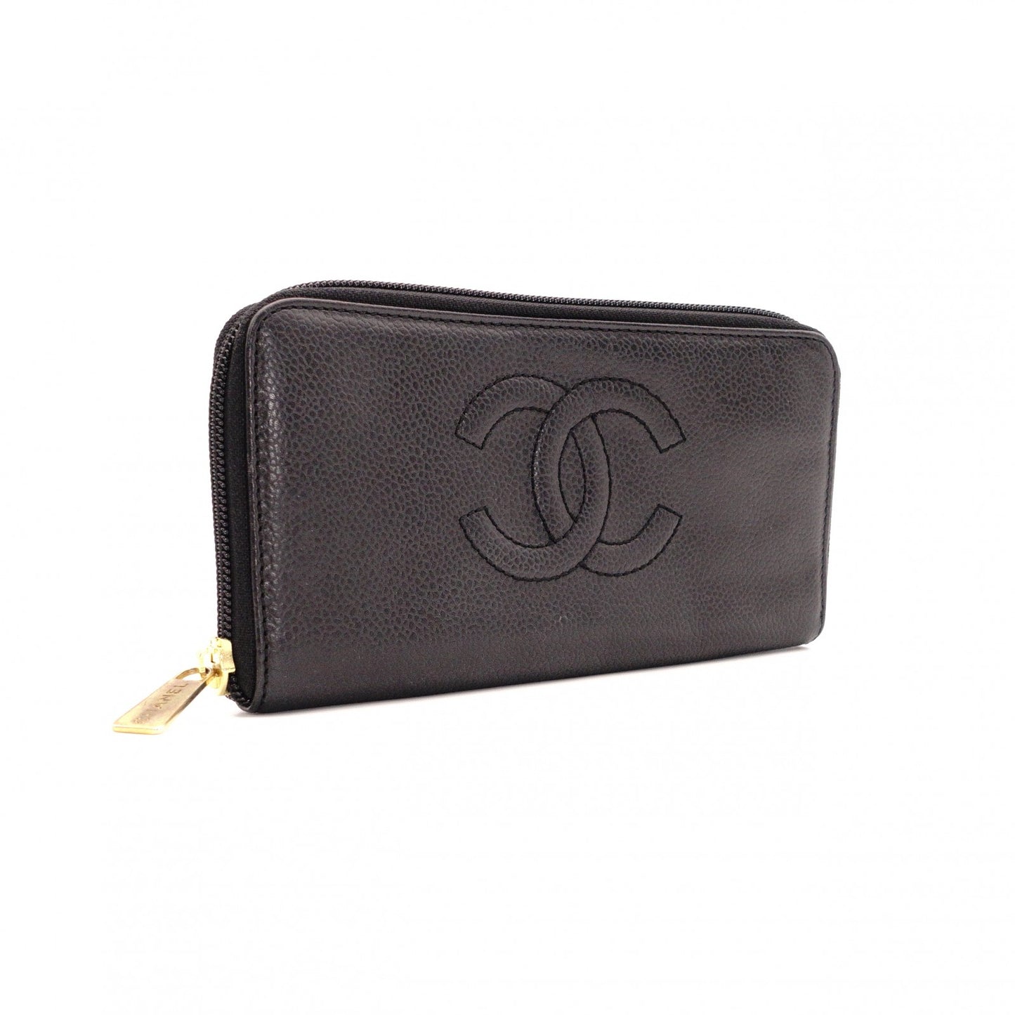 CHANEL Caviar Skin Coco Logo Long Wallet, Leather, Black, CC Logo