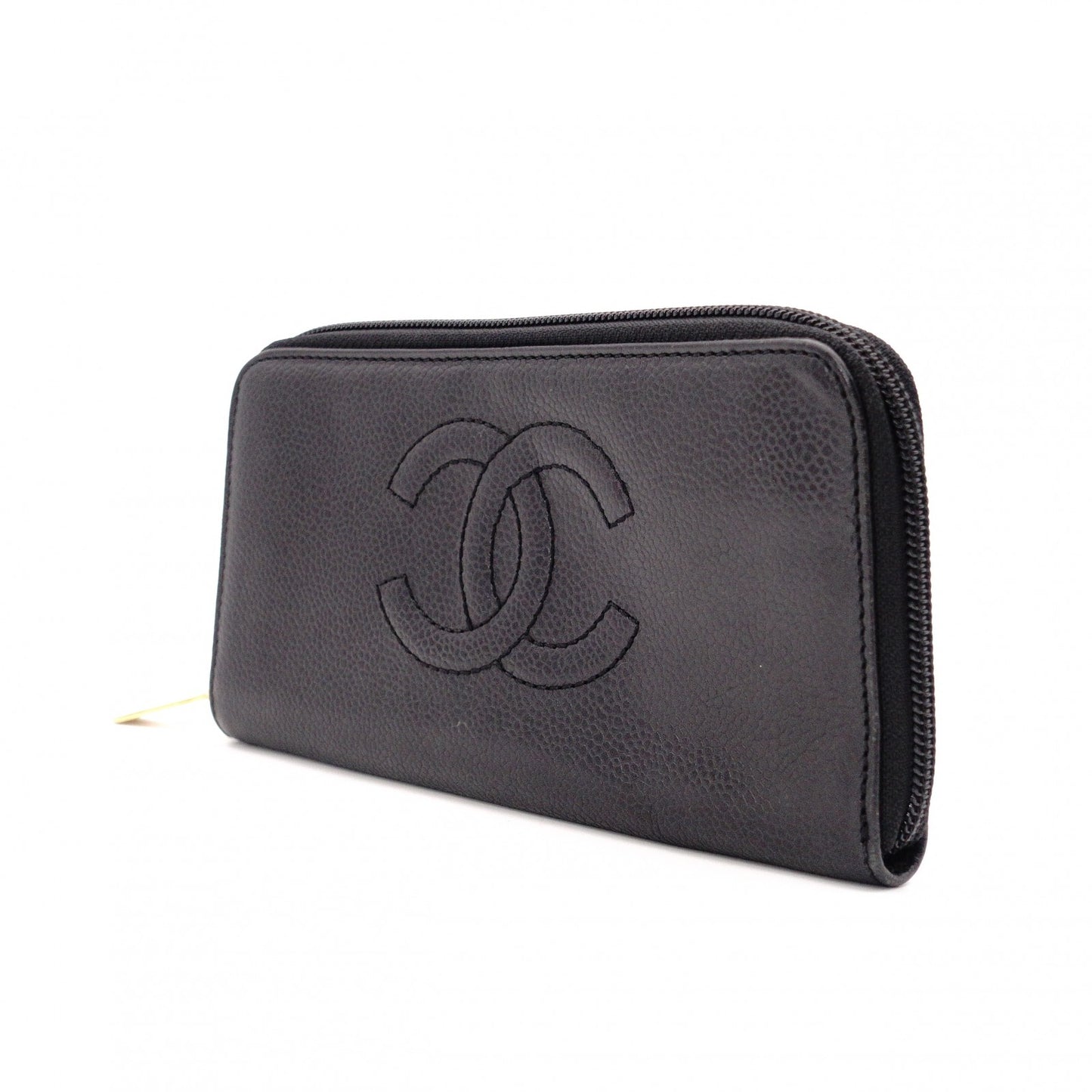 CHANEL Caviar Skin Coco Logo Long Wallet, Leather, Black, CC Logo
