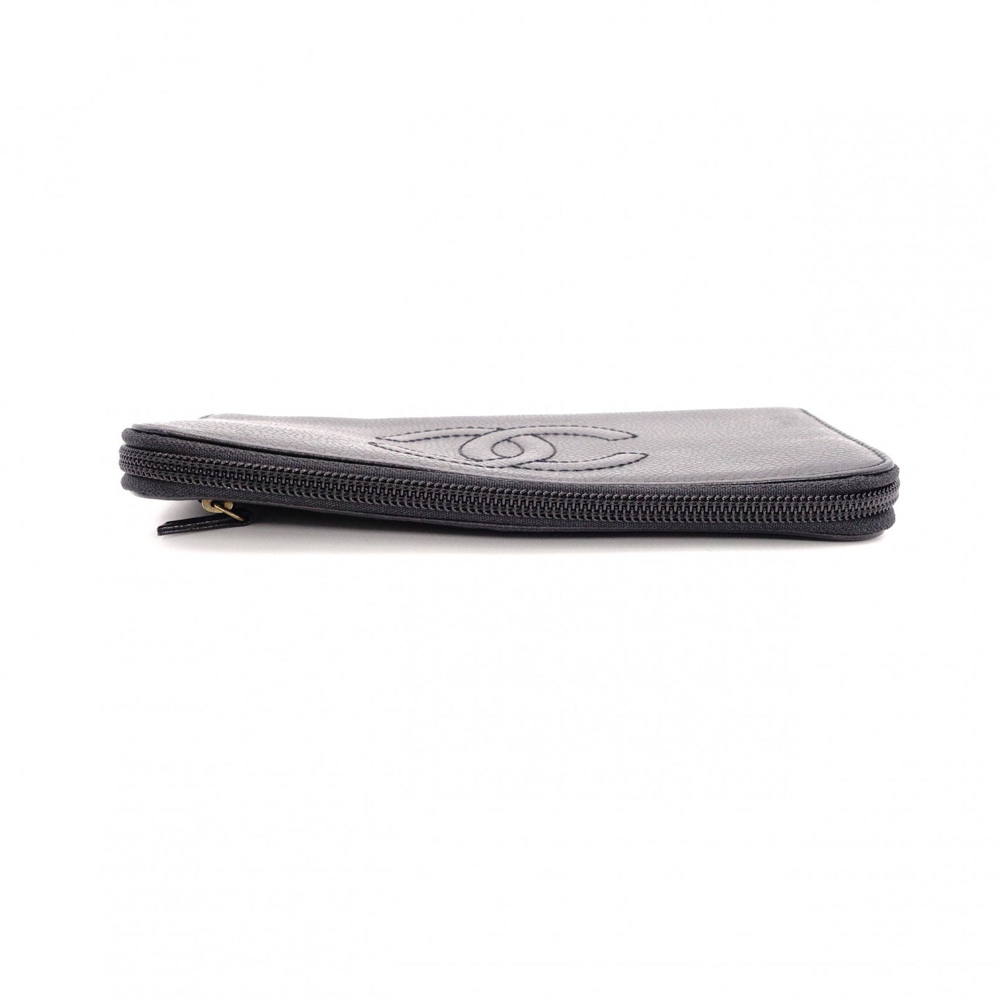CHANEL Caviar Skin Coco Logo Long Wallet, Leather, Black, CC Logo