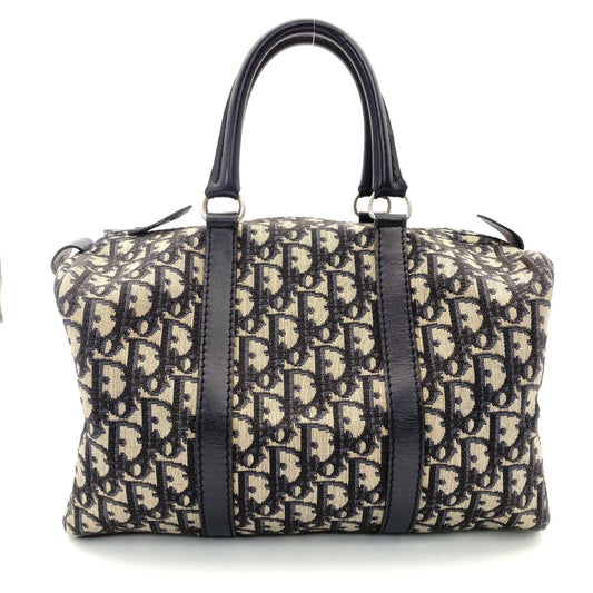 Christian Dior Trotter Boston Bag Navy × Beige Canvas Leather Handbag 7-10-786