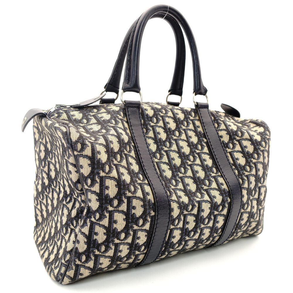 Christian Dior Trotter Boston Bag Navy × Beige Canvas Leather Handbag 7-10-786