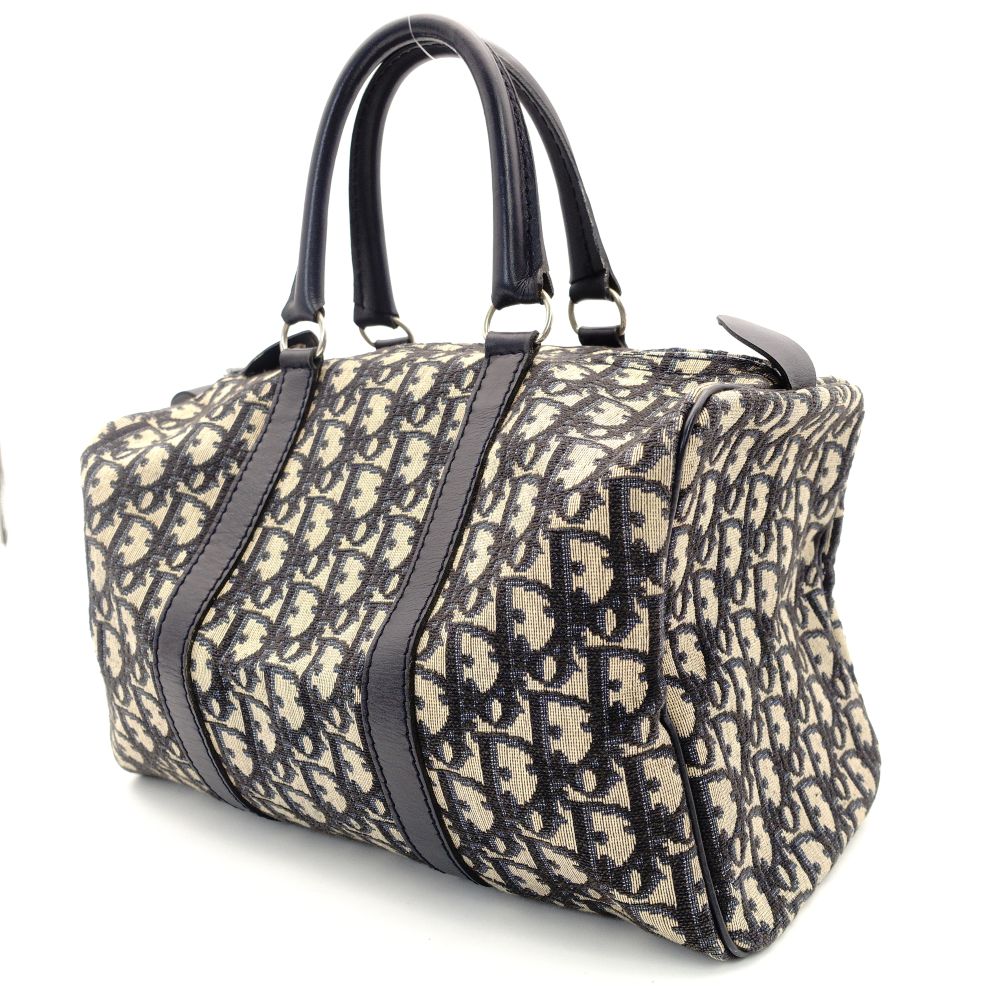Christian Dior Trotter Boston Bag Navy × Beige Canvas Leather Handbag 7-10-786
